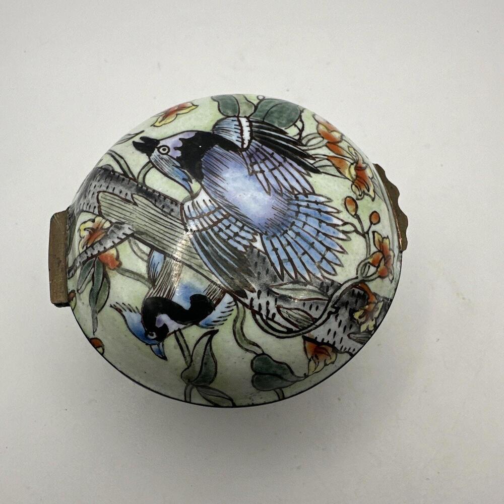 Chinese Canton Enamel Flower Bird Covered Small Trinket Box Decor